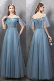 solvbao Blue Tulle Long Prom Dresses, Blue Tulle Bridesmaid Dresses