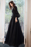 solvbao Black Tulle Long Sleeve Prom Dress, Black A-Line Evening Dress