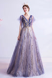 solvbao Purple V-Neck Tulle Sequins Long Prom Dresses, A-Line Evening Dresses