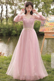 solvbao Pink Lace Long Prom Dresses, A-Line Evening Dresses