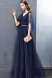 solvbao Blue V-Neck Tulle Long Prom Dresses, A-Line Evening Dresses