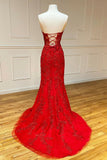 solvbao Red Strapless Lace Long Prom Dress, Mermaid Evening Dress