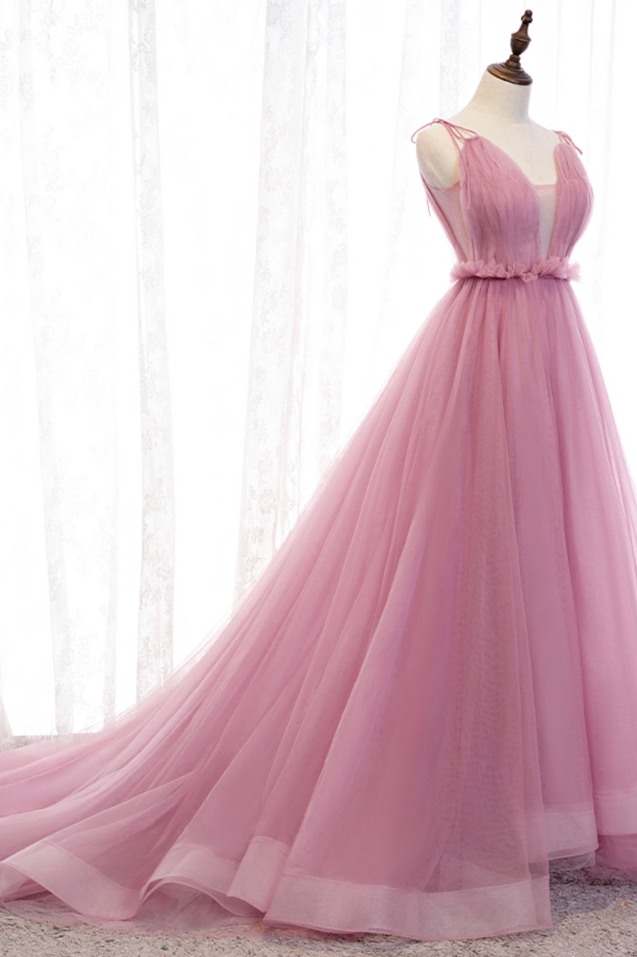 solvbao Pink Tulle Long Prom Dresses, A-Line Evening Party Dresses