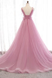 solvbao Pink Tulle Long Prom Dresses, A-Line Evening Party Dresses