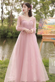 solvbao Pink Lace Long Prom Dresses, A-Line Evening Dresses