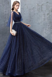 solvbao Blue V-Neck Tulle Long Prom Dresses, A-Line Evening Dresses