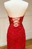 solvbao Red Strapless Lace Long Prom Dress, Mermaid Evening Dress