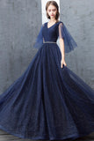 solvbao Blue V-Neck Tulle Long Prom Dresses, A-Line Evening Dresses