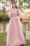 solvbao Pink Lace Long Prom Dresses, A-Line Evening Dresses