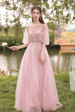 solvbao Pink Lace Long Prom Dresses, A-Line Evening Dresses