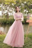 solvbao Pink Lace Long Prom Dresses, A-Line Evening Dresses