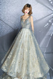 solvbao Gray Tulle Sequins Long Prom Dresses, A-Line Evening Party Dresses