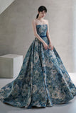 solvbao Blue Floral Long A-Line Prom Dress, Blue Evening Party Dress