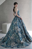 solvbao Blue Floral Long A-Line Prom Dress, Blue Evening Party Dress