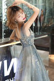 solvbao Gray Tulle Sequins Long Prom Dresses, A-Line Evening Party Dresses