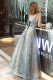 solvbao Gray Tulle Sequins Long Prom Dresses, A-Line Evening Party Dresses