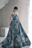 solvbao Blue Floral Long A-Line Prom Dress, Blue Evening Party Dress