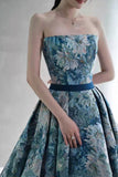 solvbao Blue Floral Long A-Line Prom Dress, Blue Evening Party Dress