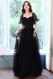 solvbao Black Tulle Long A-Line Prom Dress, Black Party Dress with Sequins