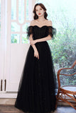 solvbao Black Tulle Long A-Line Prom Dress, Black Party Dress with Sequins