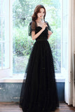 solvbao Black Tulle Long A-Line Prom Dress, Black Party Dress with Sequins