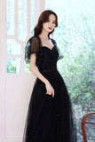 solvbao Black Tulle Long A-Line Prom Dress, Black Party Dress with Sequins