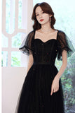 solvbao Black Tulle Long A-Line Prom Dress, Black Party Dress with Sequins