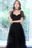 solvbao Black Tulle Long A-Line Prom Dress, Black Party Dress with Sequins