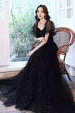 solvbao Black Tulle Long A-Line Prom Dress, Black Party Dress with Sequins