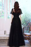 solvbao Black Tulle Long A-Line Prom Dress, Black Party Dress with Sequins