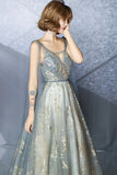 solvbao Gray Tulle Sequins Long Prom Dresses, A-Line Evening Party Dresses