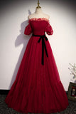 solvbao Burgundy Tulle Long Prom Dresses, A-Line Evening Dresses