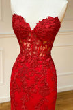 solvbao Red Strapless Lace Long Prom Dress, Mermaid Evening Dress