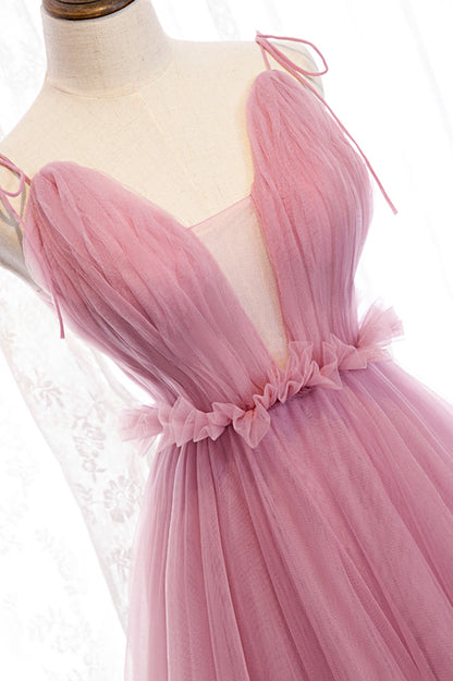 solvbao Pink Tulle Long Prom Dresses, A-Line Evening Party Dresses