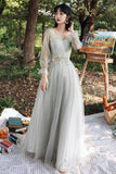 solvbao Gray Tulle Lace Long A-Line Prom Dresses, Gray Tulle Bridesmaid Dresses