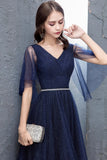 solvbao Blue V-Neck Tulle Long Prom Dresses, A-Line Evening Dresses