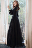 solvbao Black Tulle Long Sleeve Prom Dress, Black A-Line Evening Dress