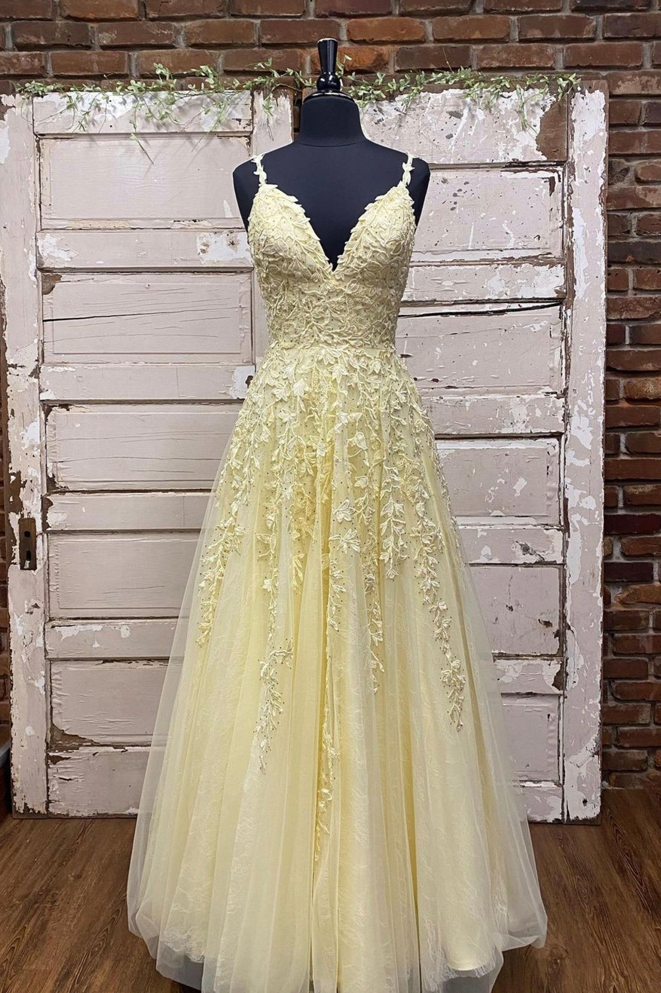 solvbao Yellow V-Neck Lace Long Prom Dress, A-Line Evening Dress