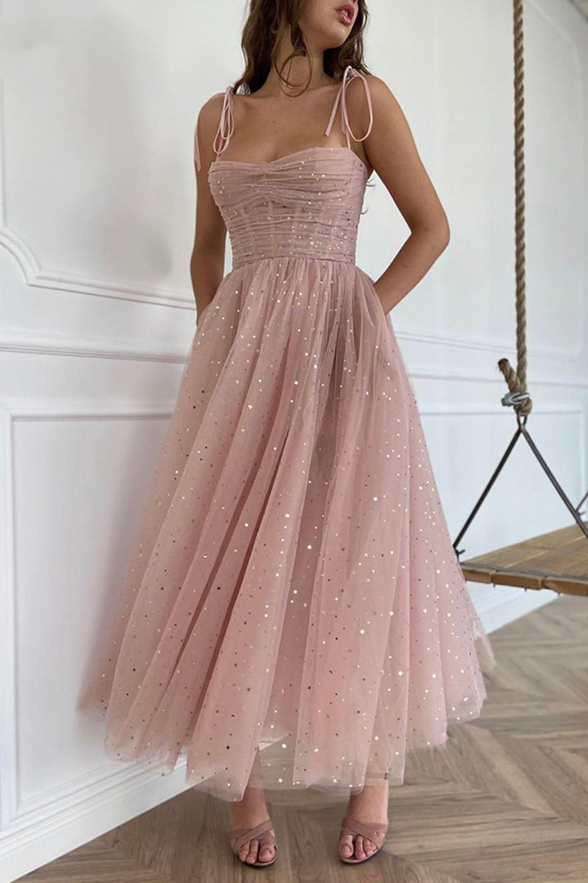 solvbao Pink Spaghetti Strap Tulle Tea Length Prom Dress, Pink A-Line Homecoming Dress