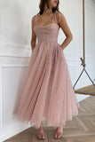 solvbao Pink Spaghetti Strap Tulle Tea Length Prom Dress, Pink A-Line Homecoming Dress