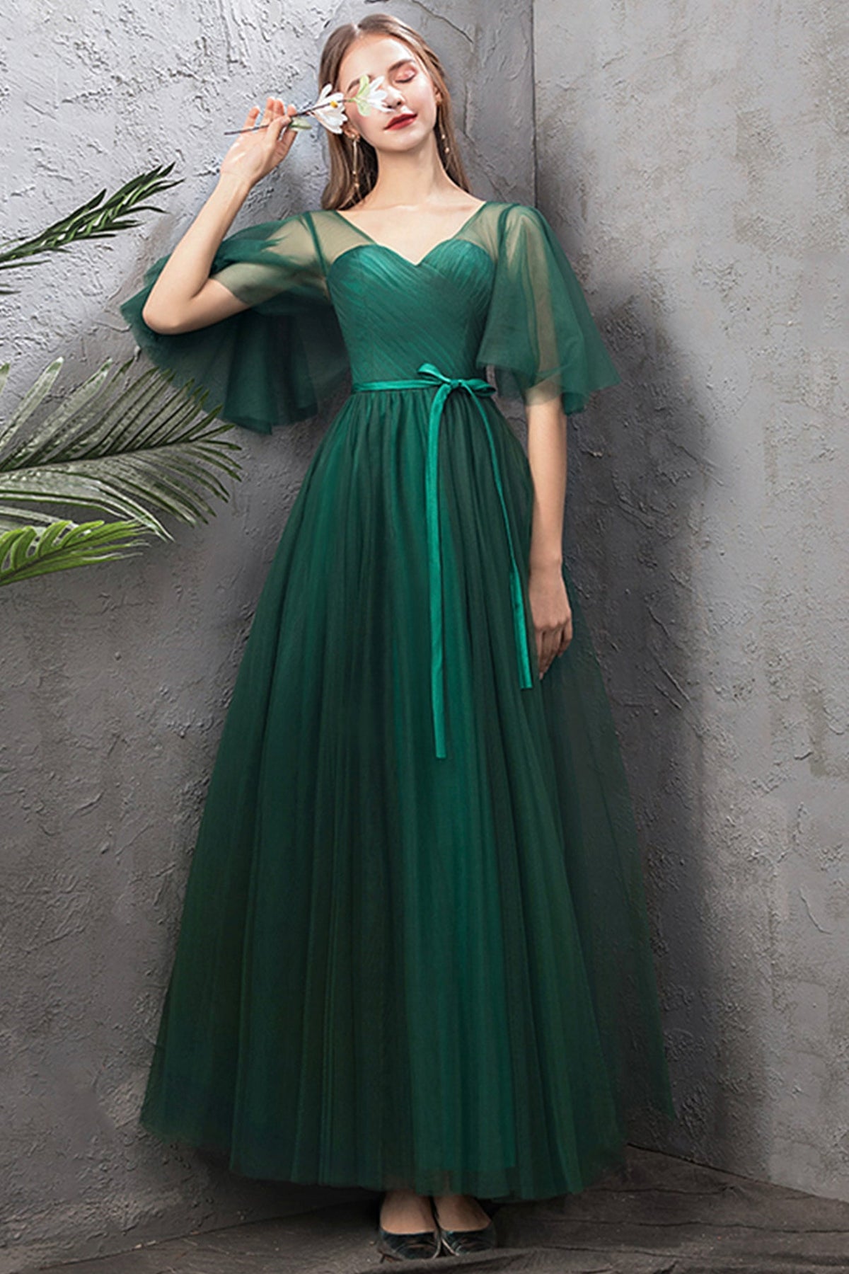 solvbao Green Tulle Long Prom Dresses, A-Line Evening Dresses