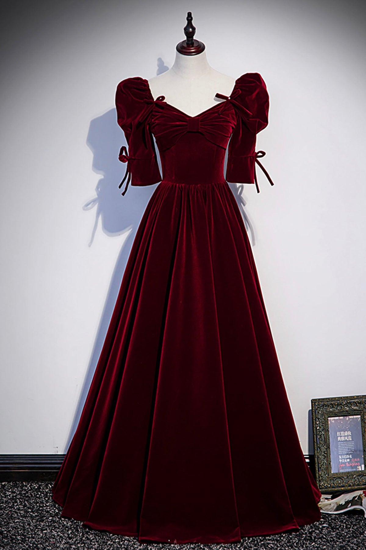 solvbao Burgundy Velvet Long Prom Dresses, A-Line Short Sleeve Evening Dresses