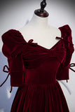 solvbao Burgundy Velvet Long Prom Dresses, A-Line Short Sleeve Evening Dresses