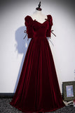 solvbao Burgundy Velvet Long Prom Dresses, A-Line Short Sleeve Evening Dresses