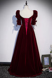 solvbao Burgundy Velvet Long Prom Dresses, A-Line Short Sleeve Evening Dresses