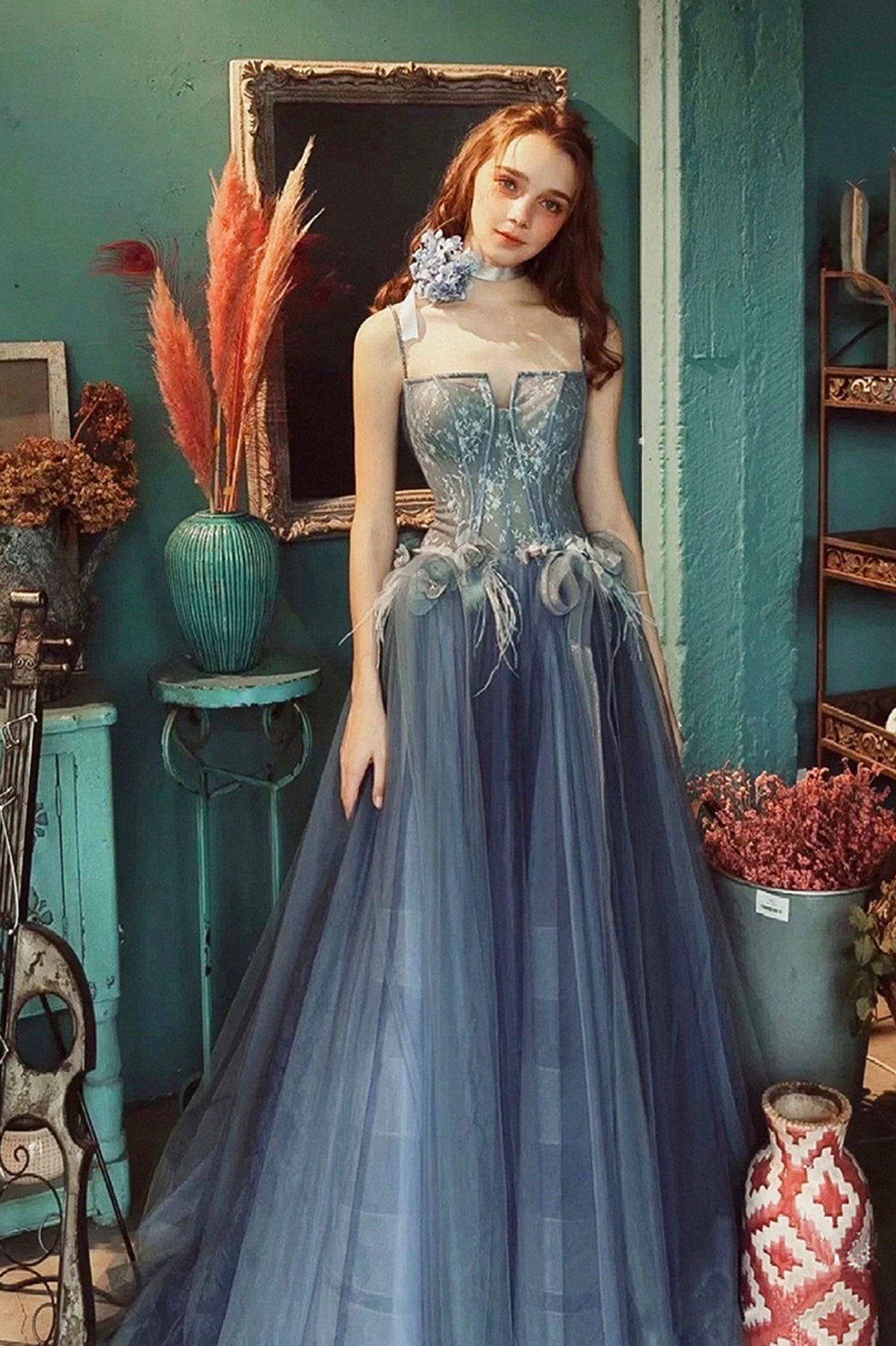 solvbao Gray Blue Lace Long Prom Dress, A-Line Evening Party Dress