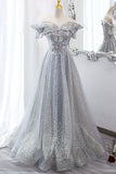 solvbao Gray Tulle Lace Long Prom Dresses, A-Line Sequins Evening Dresses