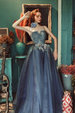 solvbao Gray Blue Lace Long Prom Dress, A-Line Evening Party Dress