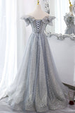 solvbao Gray Tulle Lace Long Prom Dresses, A-Line Sequins Evening Dresses