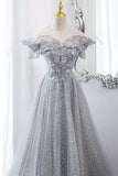 solvbao Gray Tulle Lace Long Prom Dresses, A-Line Sequins Evening Dresses